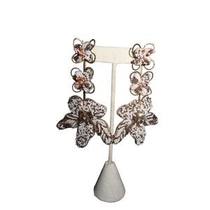 Deepa Gurnani Beaded Flower Drop Chandelier Statement Earrings Cream Bronze OS